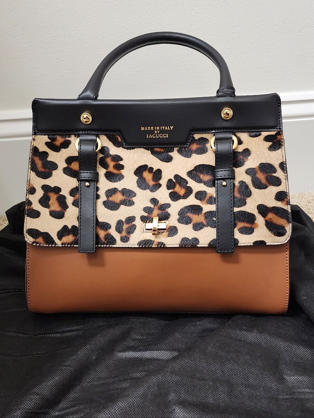 Iacucci Leopard & Brown And Black Leather Top-Handle Bag NWT